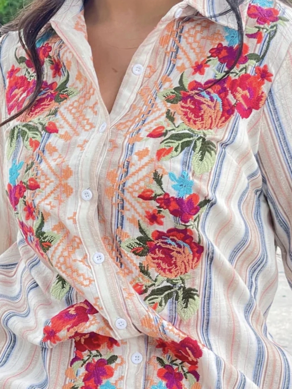 Embroidered Stripe Maxi Dress in Cream with Pink Floral Accents - Picture 2 of 3